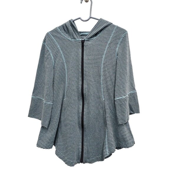 Lur Womens Lagenlook Hoodie Small Teal Navy Striped Full Zip 3/4 Sleeve - Picture 1 of 7
